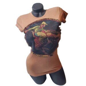 Fringe Stitch Cowboy Fitted Brown Heather Tee. Size Small
